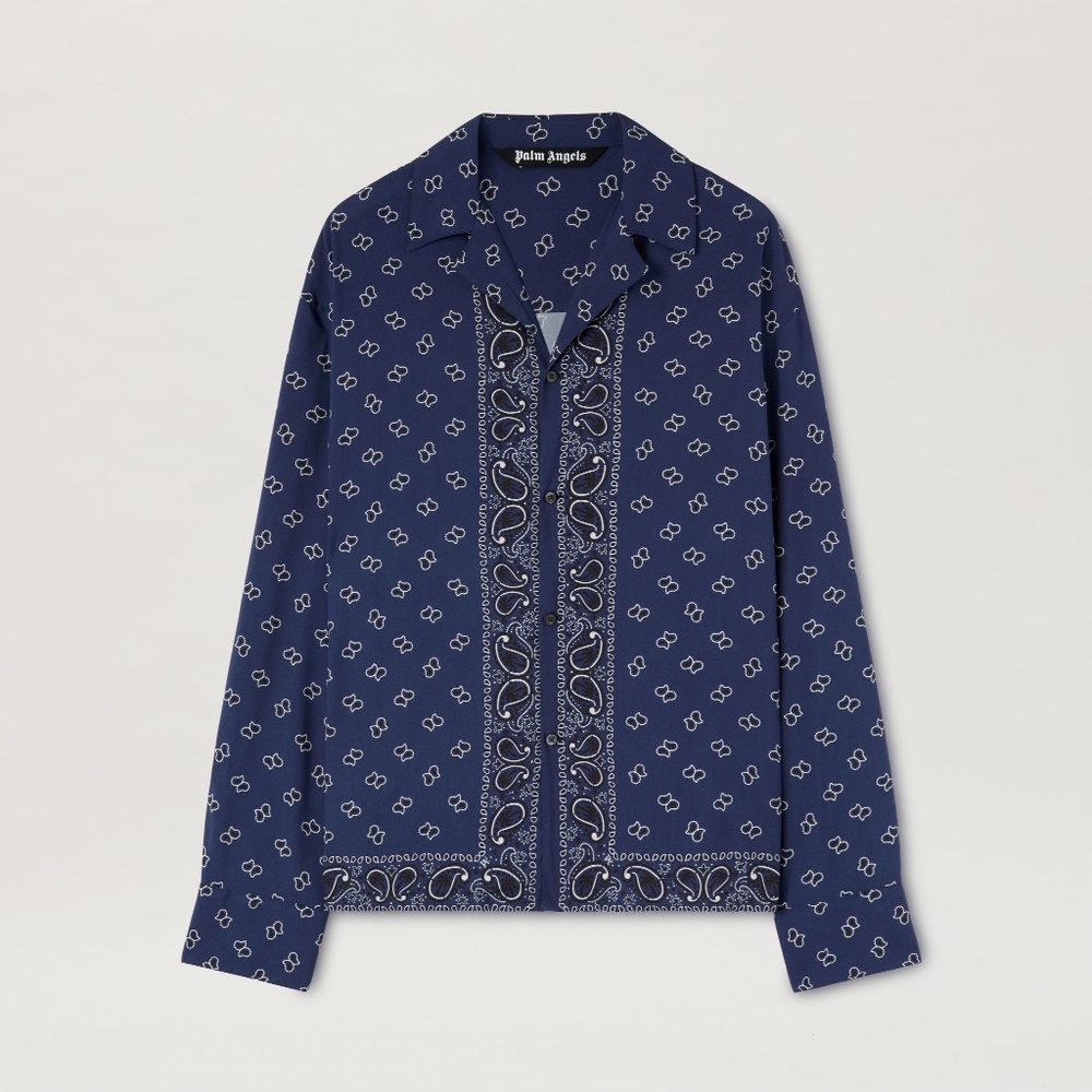 size L (50) Palm Angels Paisley Bowling Shirt Navy Long Sleeve